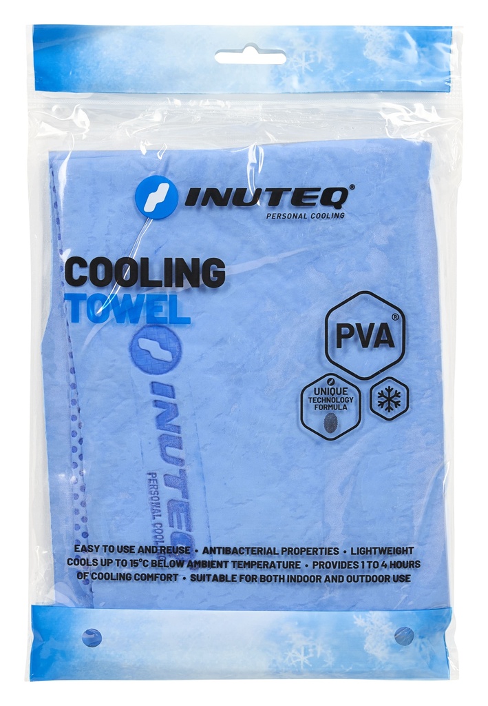 Toalla evaporativa refrescante Inuteq Body Cooling Towel fabricada en PVA de alto gramaje, medida 78x33 cm.