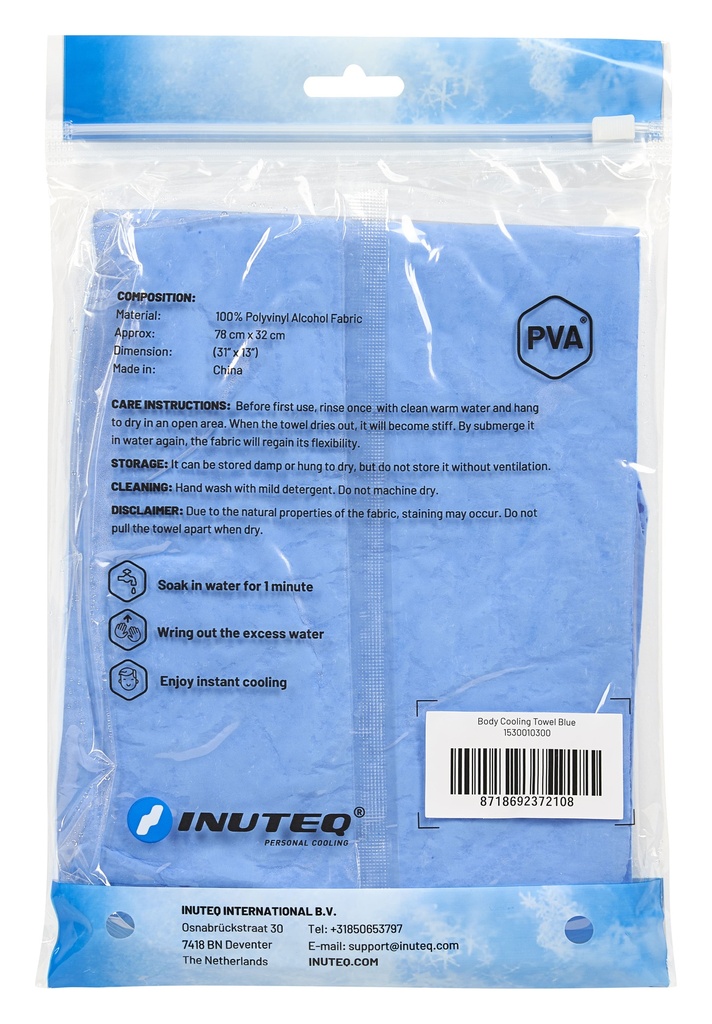 Toalla evaporativa refrescante Inuteq Body Cooling Towel fabricada en PVA de alto gramaje, medida 78x33 cm.