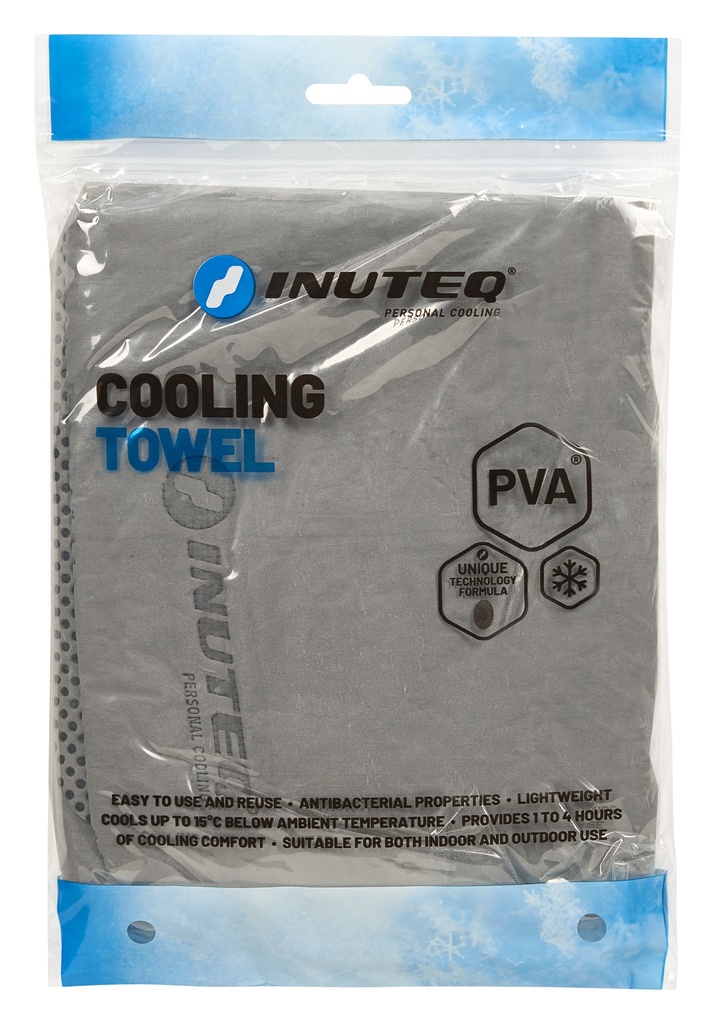 Toalla evaporativa refrescante Inuteq Body Cooling Towel fabricada en PVA de alto gramaje, medida 78x33 cm.