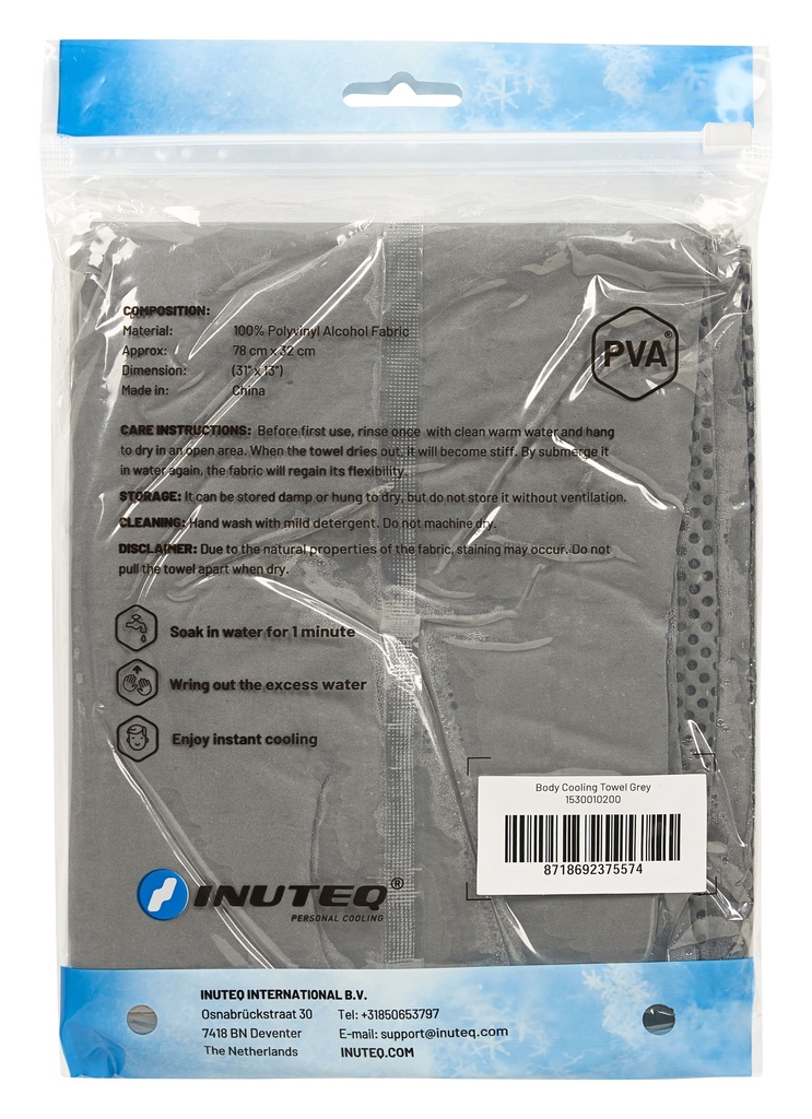Toalla evaporativa refrescante Inuteq Body Cooling Towel fabricada en PVA de alto gramaje, medida 78x33 cm.
