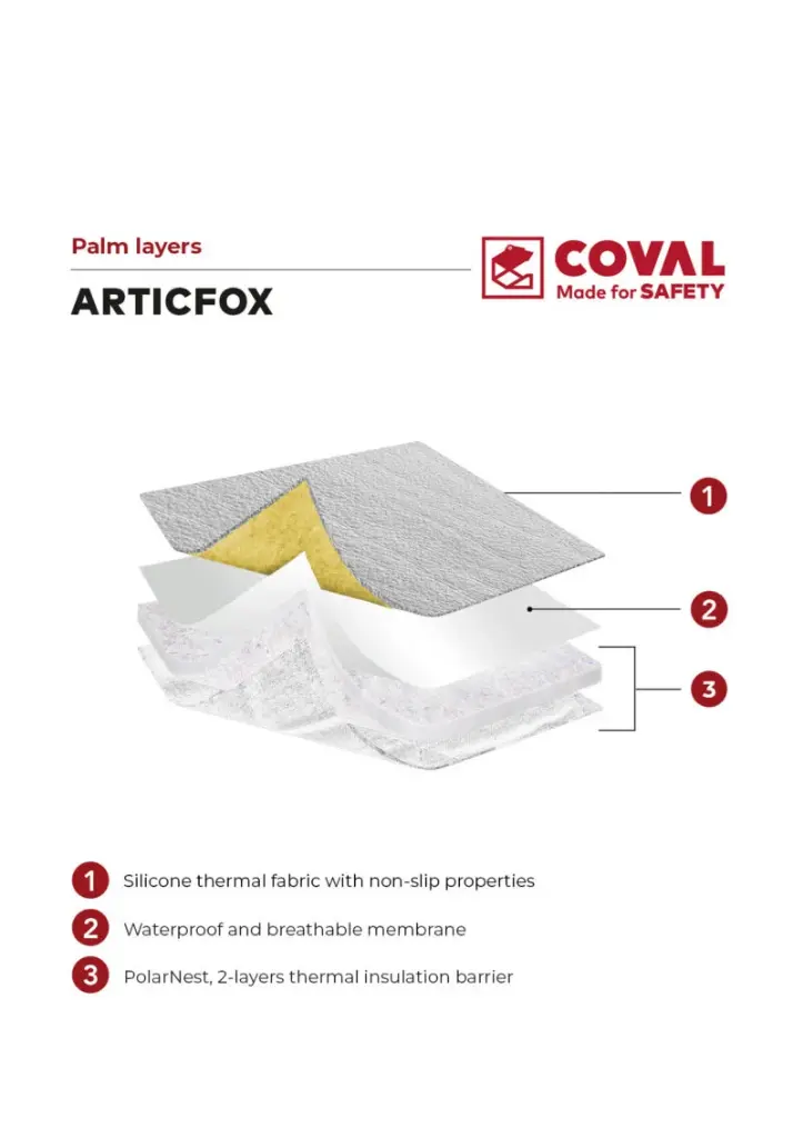 Guante criogénico Coval Artic Fox 38 cm, palma en tejido térmico con silicona antideslizante,  membrana impermeable Porelle y 2 capas de aislante PolarNest, para trabajos con nitrógeno líquido, EN511 niveles 331, EN388 2343D
