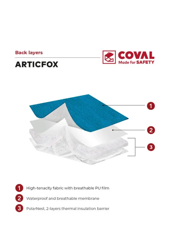 Guante criogénico Coval Artic Fox 38 cm, palma en tejido térmico con silicona antideslizante,  membrana impermeable Porelle y 2 capas de aislante PolarNest, para trabajos con nitrógeno líquido, EN511 niveles 331, EN388 2343D