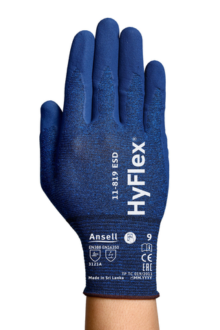 ​​​​Guante Ansell Hyflex 11-819 ESD, recubrimiento ultrafino de espuma de nitrilo Fortix, válido para pantallas táctiles, electrónica y entornos ATEX.