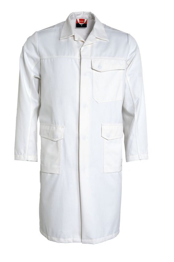 Bata de laboratorio Tranemo 59358104 multinorma, inherentemente ignífuga, color blanco, tejido ligero Tera TX, sin elementos metálicos.
