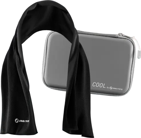 Tovallola refrescant evaporativa Inuteq BODY COOLING TOWEL+, tecnologia QCK, refrescant quan està humida, ús com a tovallola estàndard en sec. Estoig inclòs.
