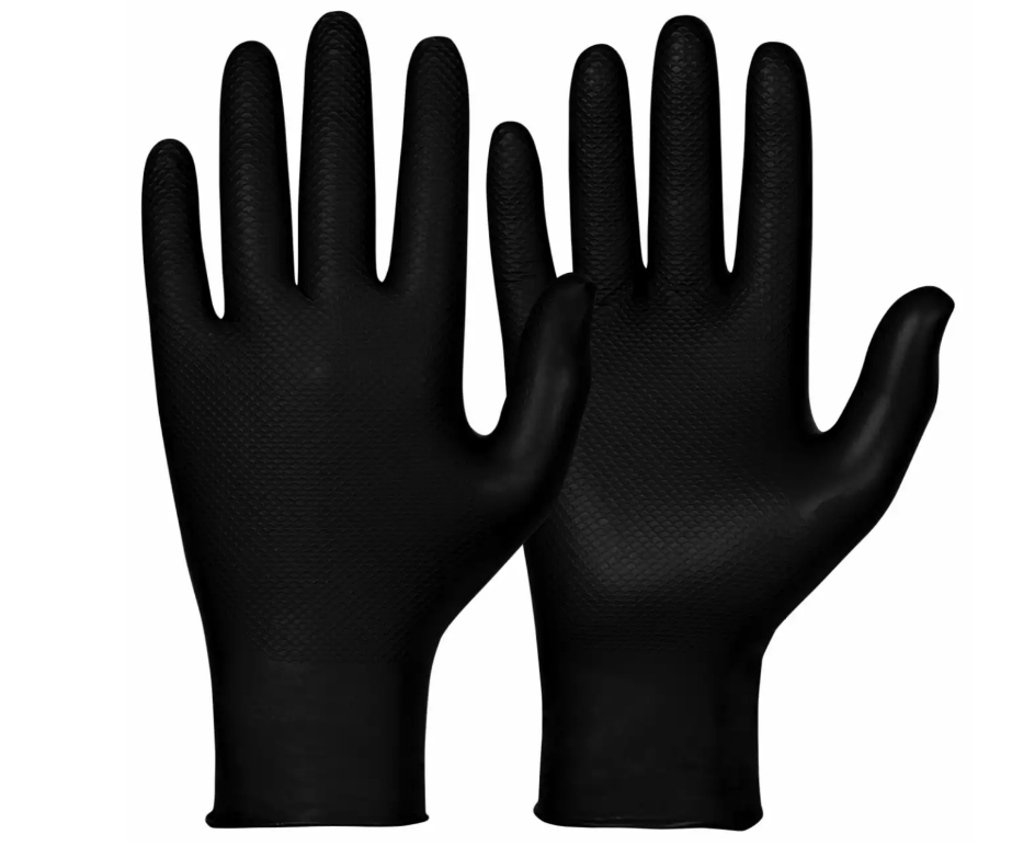 Guante desechable negro Granberg 970, con acabado escamado para máximo agarre, grosor 0,15 mm.