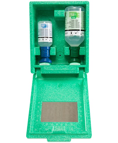  Estació rentaülls PLUM 4789 estanca amb 1 ampolla de 500 ml. de solució salina i 1 ampolla de 200 ml. de solució pH neutre per a productes químics