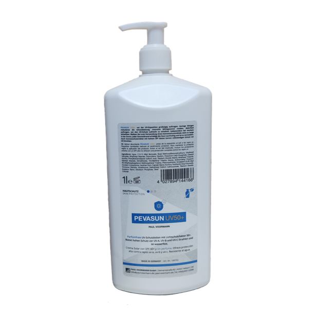 Crema de protección solar Pevasun UV50+ / UV-B / UV-C envase de 1 litro con dosificador manual (no es necesario uso de dosificador de pared)