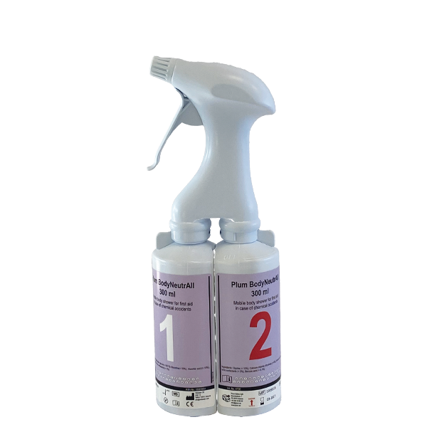 Plum BodyNeutrAll 600 ml – Kit de Descontaminació Química (2x300 ml + Polvoritzador). Neutralitzador per a Àcids, Bases i Àcid Fluorhídric