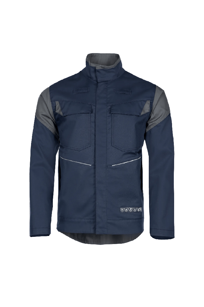 Cazadora de trabajo Sioen Sedna, ignífuga y antiestática, soldadura clase 2, protección arco eléctrico APC2 - ELIM 25 cal/cm², 450 gr/m², cierre cremallera bajo solapa, azul marino/gris antracita