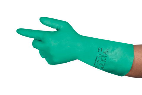 Guante nitrilo flocado ANSELL Alphatec Solvex 37-676, acabado en rombos, 0,38 mm. grosor