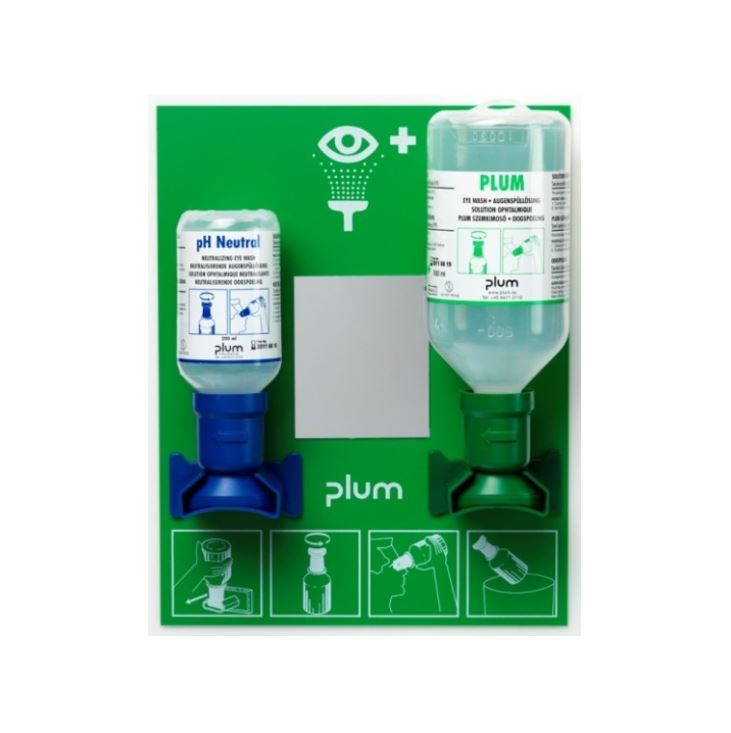 Estació rentaülls de paret PLUM amb ampolla 200 ml PhNeutral i 500 ml de solució de rentada ocular.