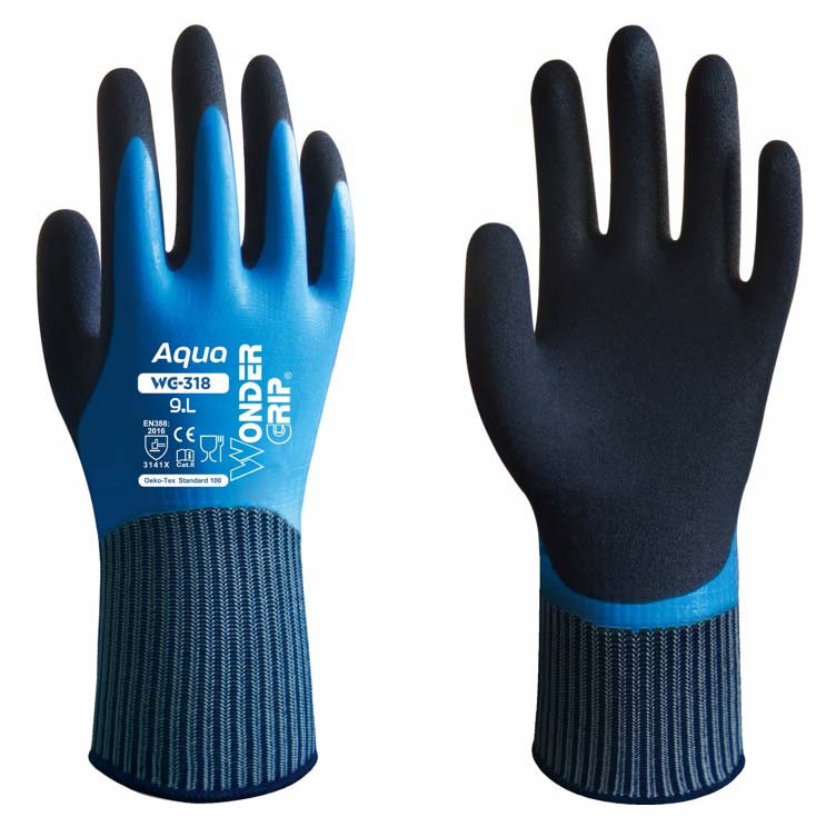 Guante Wonder Grip WG-318 Aqua, doble revestimiento de látex para máxima impermeabilidad, excelente destreza y agarre