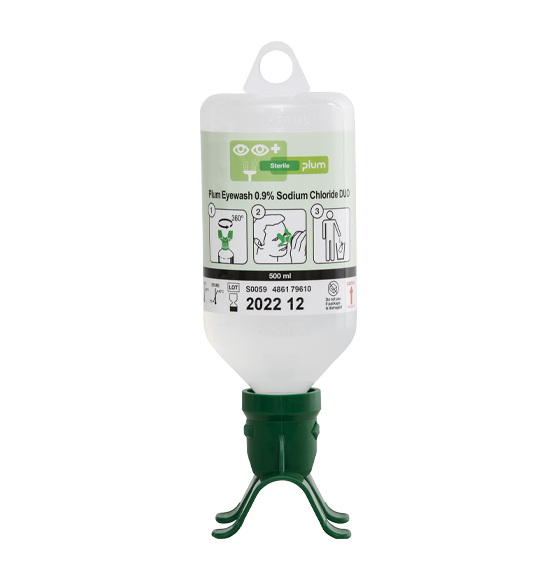 [4861] Botella lavaojos para partículas Plum DUO, 500 ml. de solución salina 0,9%