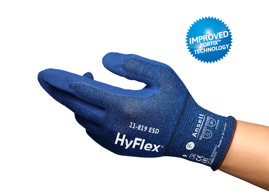 Guant Ansell Hyflex 11-819 ESD, recobriment ultrafino d'escuma de nitril Fortix, vàlid per a pantalles tàctils, electrònica i entorns ATEX.
