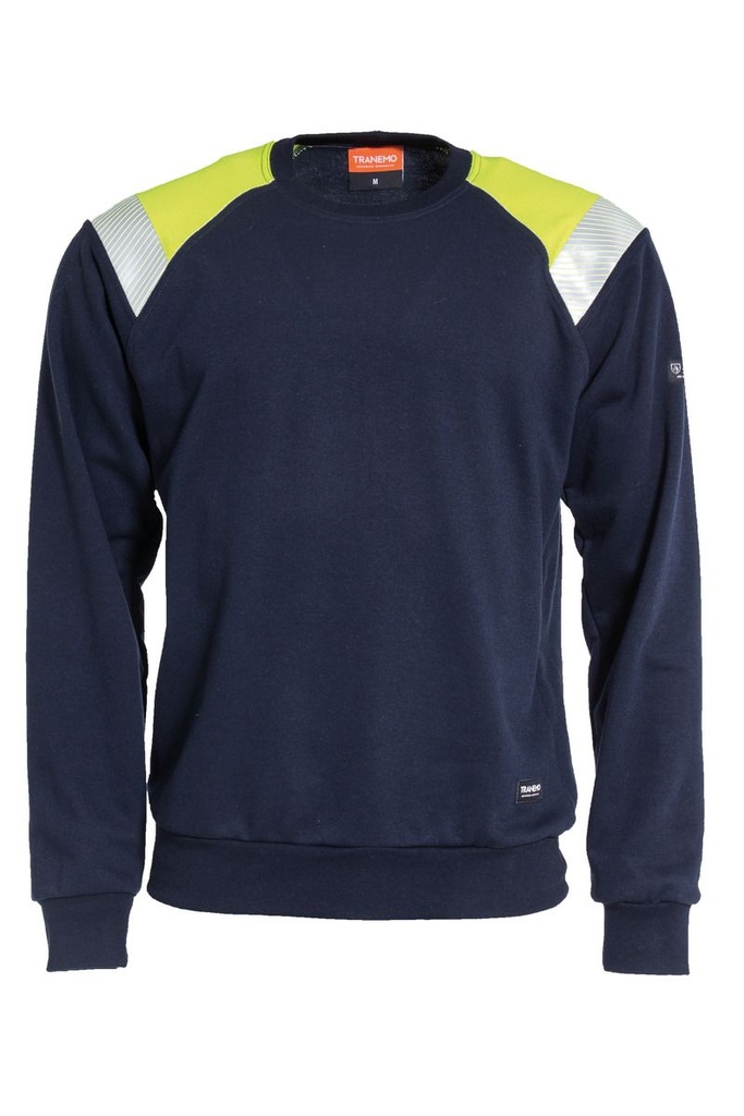 Sudadera ignífuga inherente Tranemo 637589 de visibilidad mejorada, zona hombros en amarillo alta visibilidad y con bandas reflectantes segmentadas, lavado a 60 grados.