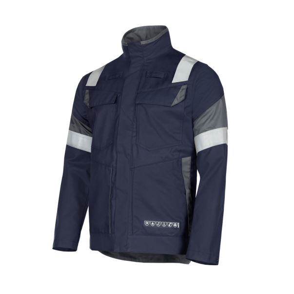 Sioen Bennu multi-standard jacket, with arc flash protection (APC1), chemical repellent and reflective bands (EN17353), certified for 100 industrial washes.