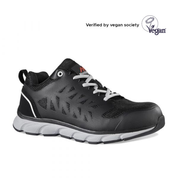 Zapatilla de seguridad RockFall RF108 Fly de diseño ligero y protección superior. Cuenta con puntera de fibra de vidrio, entresuela antipinchazos de para-aramida y parte superior de malla repelente al agua para una transpirabilidad óptima. La suela Activ-Step® Adherence garantiza una resistencia al deslizamiento excepcional. EN ISO 20345:2022 S3S FO SR 