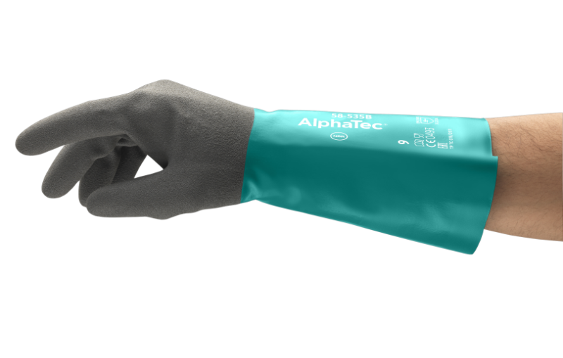 Guante Alphatec de nitrilo todo recubierto. Ansell Grip Technology™. Longitud 356 mm. Verde con mano en gris antracita. Forro acrílico negro.